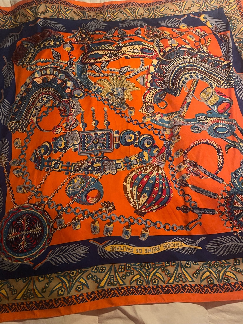 Faux Silk Ornate Print Scarf – Orange & Jewel Tones